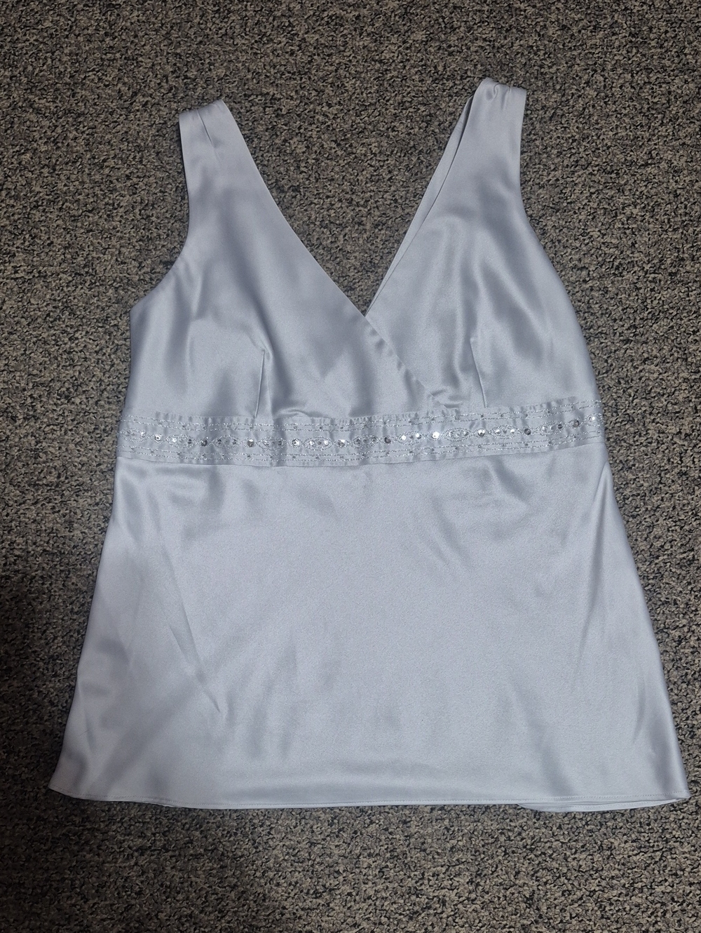 Envision Studio V-Neck Silver Satin Sleeveless Blouse with Beaded Waist